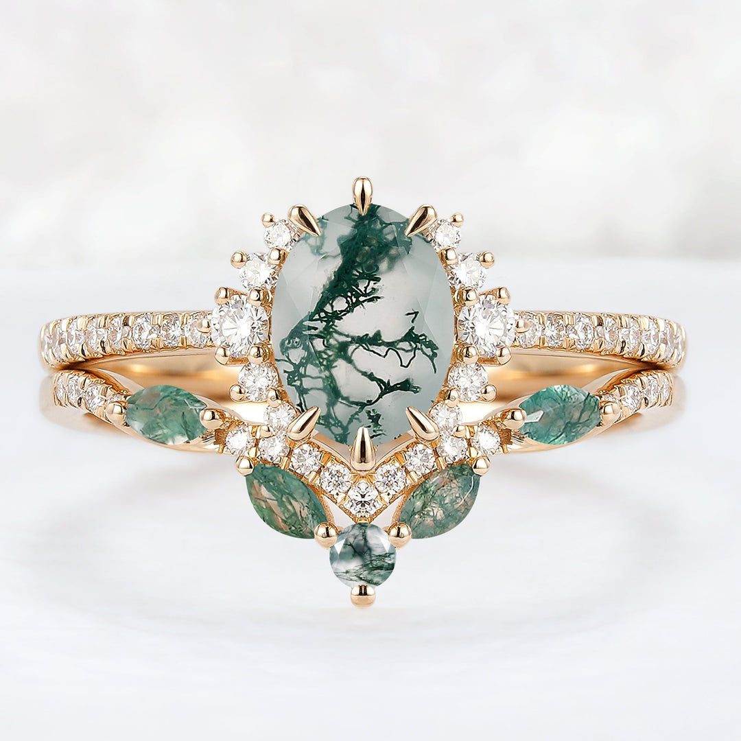 Unique Oval Cut Moss Agate Half Enternity Ring Set 2pcs