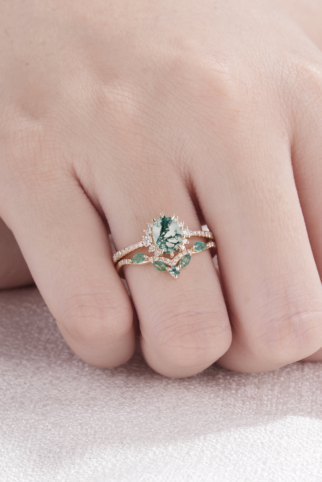 Unique Oval Cut Moss Agate Half Enternity Ring Set 2pcs - Iver Jewelry