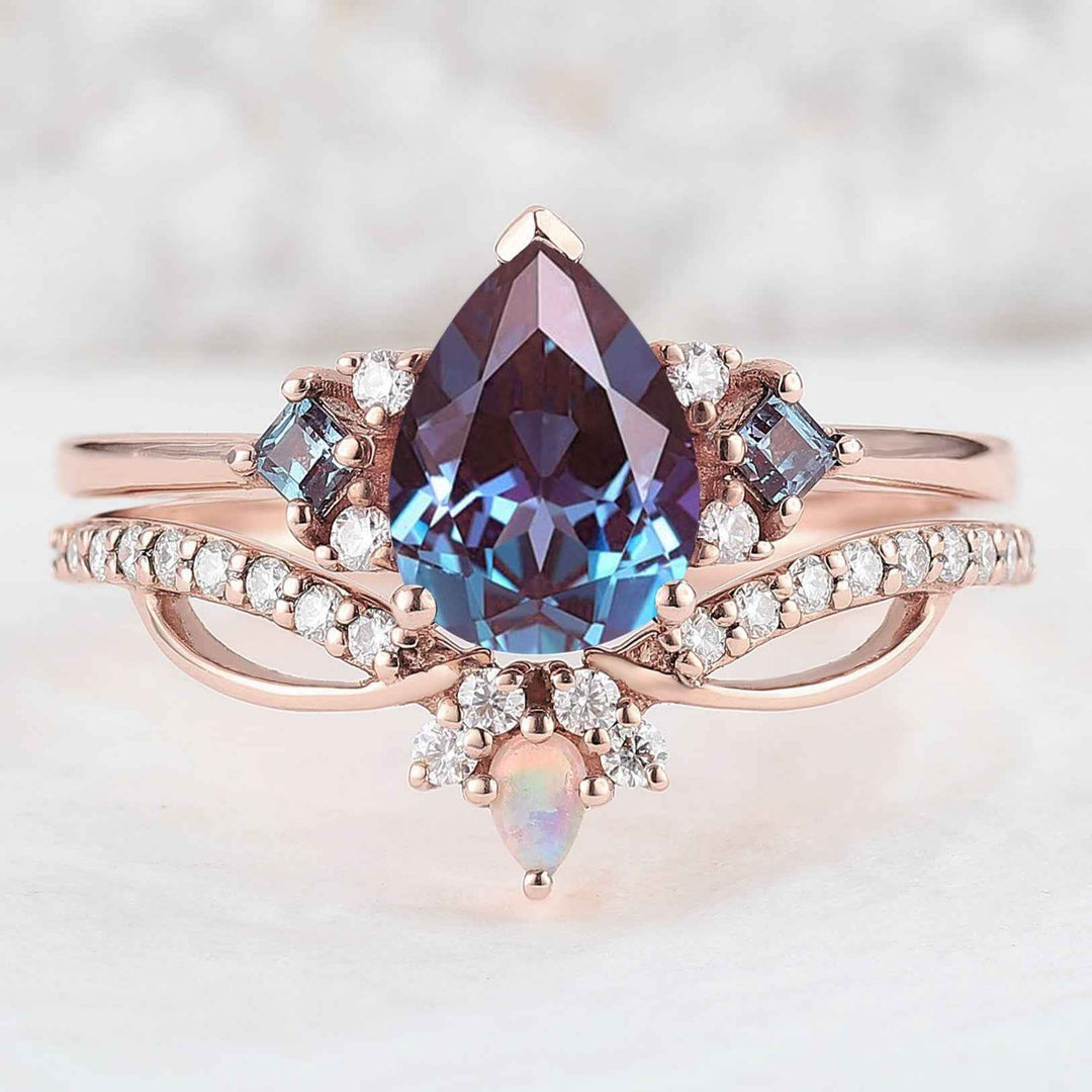 Cluster Pear Cut Alexandrite Moon Gemstone Ring Set 2pcs