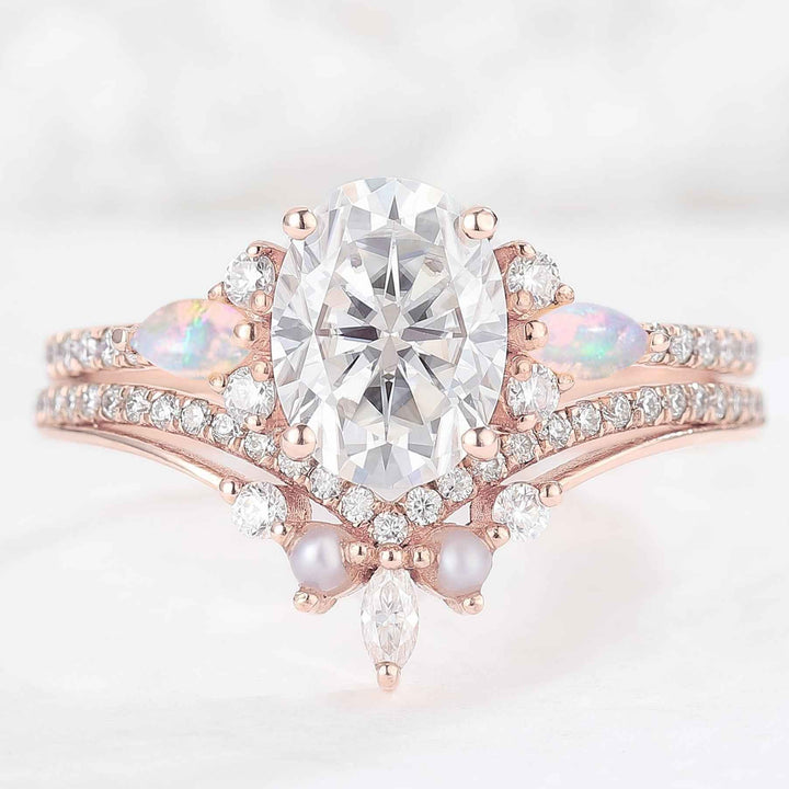 Unique Oval Cut Moissanite Seven  Stones Engagement Ring 2pcs