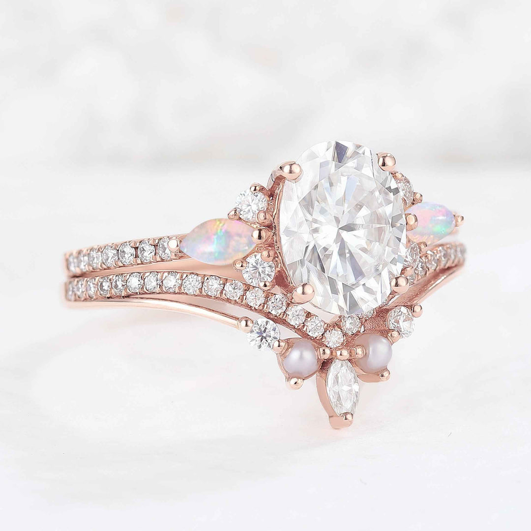 Unique Oval Cut Moissanite Seven  Stones Engagement Ring 2pcs
