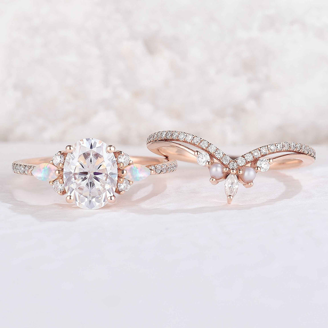 Unique Oval Cut Moissanite Seven  Stones Engagement Ring 2pcs