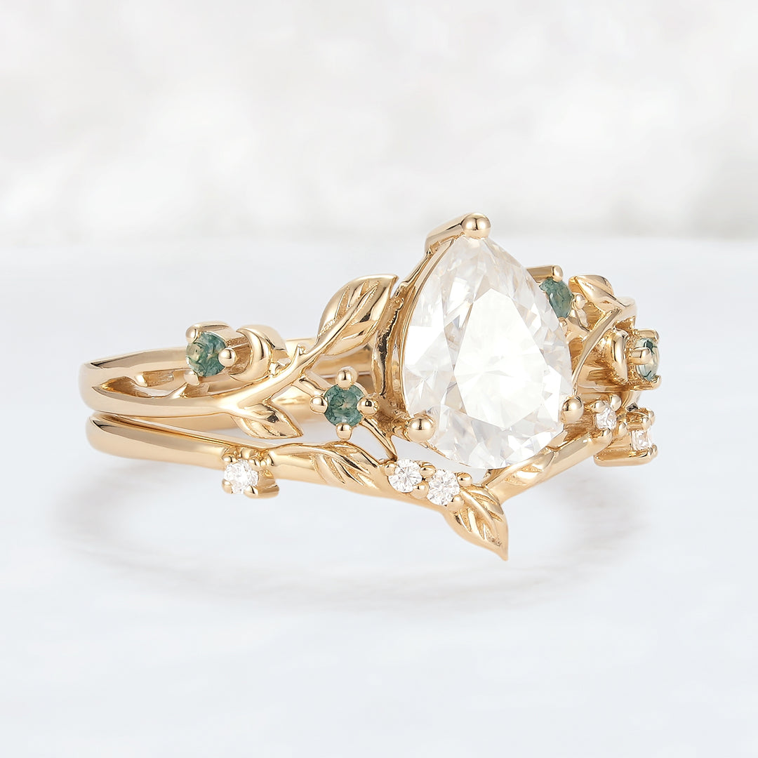 Unique Pear Cut Moissanite Leafy Engagement Ring 2pcs