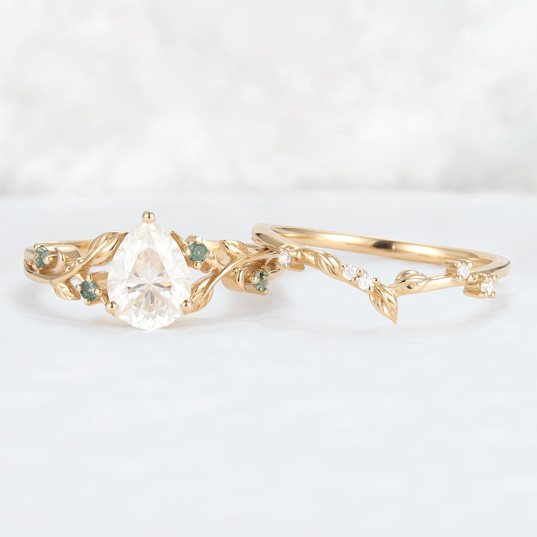 Unique Pear Cut Moissanite Leafy Engagement Ring 2pcs