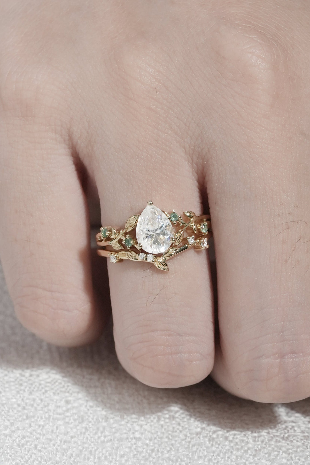 Unique Pear Cut Moissanite Leafy Engagement Ring 2pcs