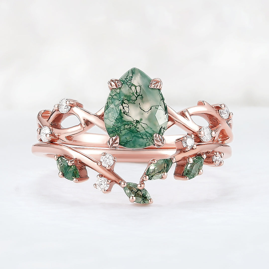 Unique Pear Cut Moss Agate Leaf and Vine Engagement Ring Set 2pcs
