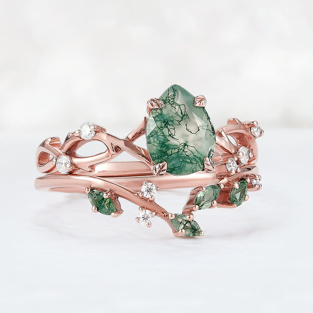 Unique Pear Cut Moss Agate Leaf and Vine Engagement Ring Set 2pcs - Iver Jewelry