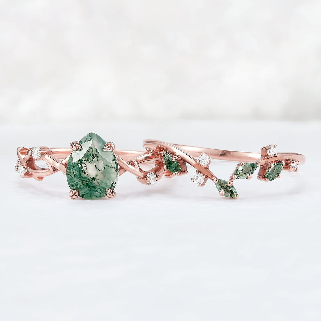 Unique Pear Cut Moss Agate Leaf and Vine Engagement Ring Set 2pcs - Iver Jewelry