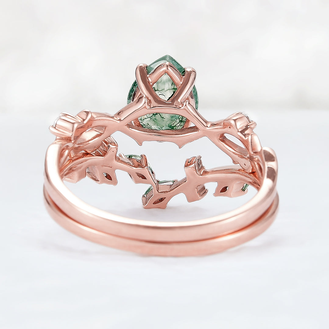 Unique Pear Cut Moss Agate Leaf and Vine Engagement Ring Set 2pcs - Iver Jewelry