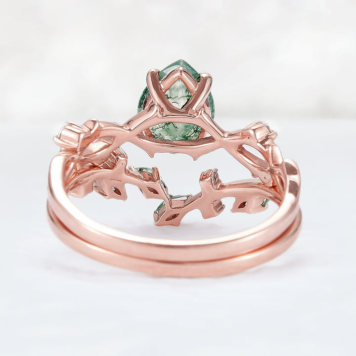 Unique Pear Cut Moss Agate Leaf and Vine Engagement Ring Set 2pcs - Iver Jewelry