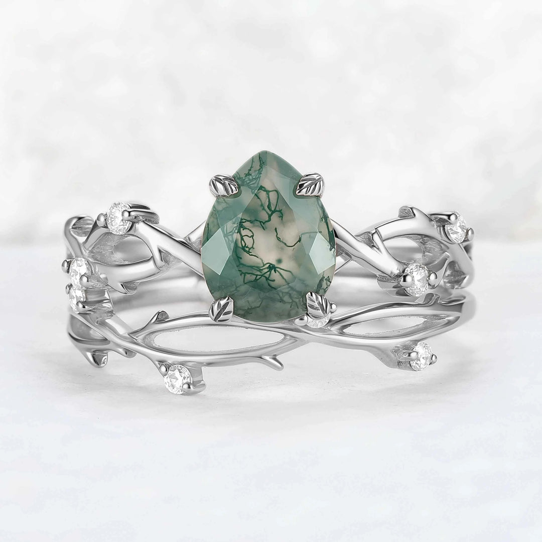 Unique Pear Cut Moss Agate Leaf and Vine Gemstone Ring Set 2pcs