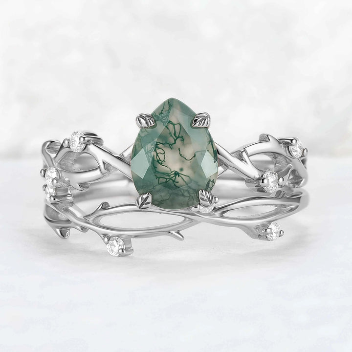 Unique Pear Cut Moss Agate Leaf and Vine Gemstone Ring Set 2pcs