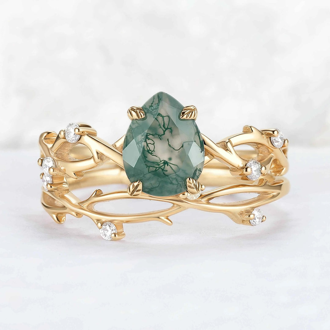 Unique Pear Cut Moss Agate Leaf and Vine Gemstone Ring Set 2pcs