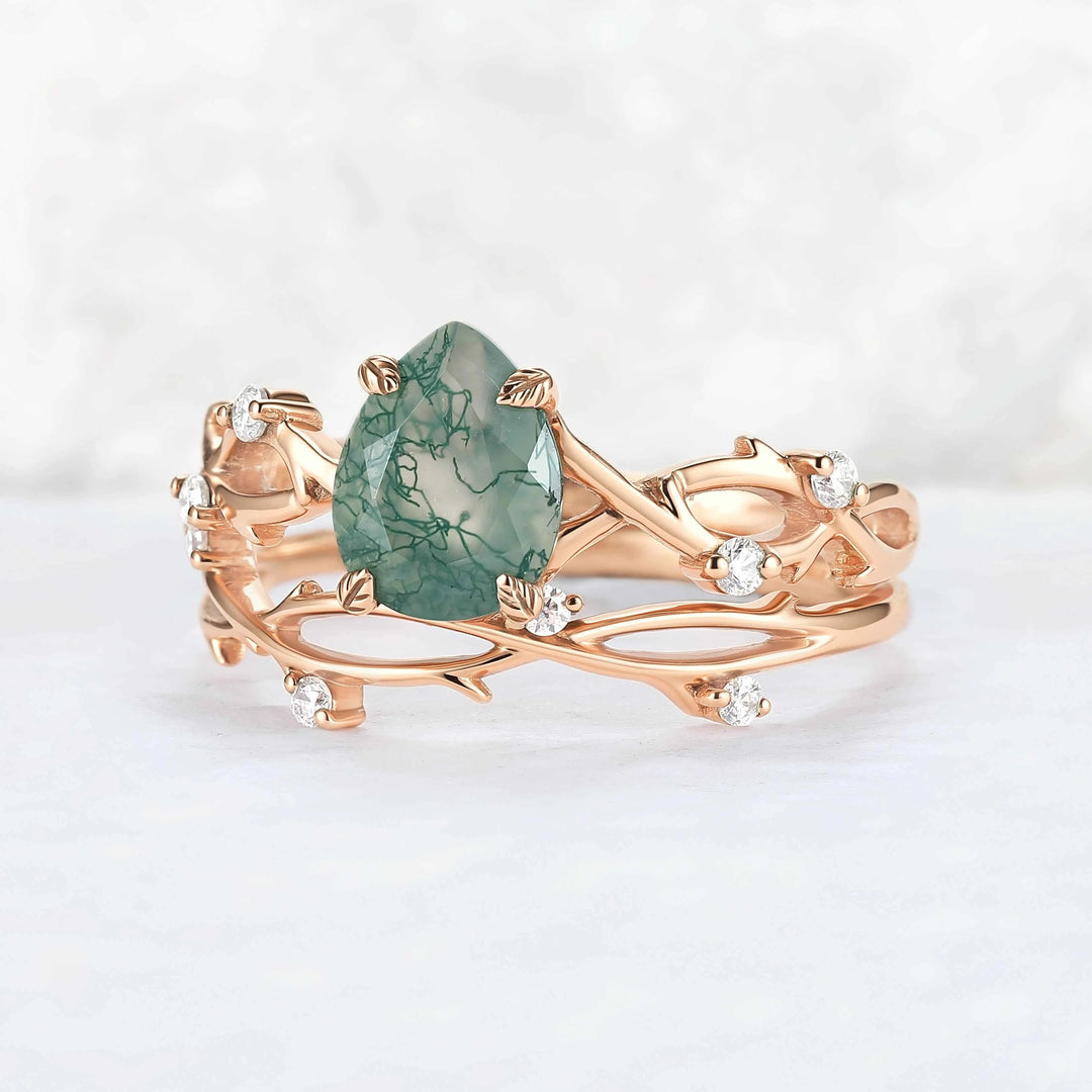 Unique Pear Cut Moss Agate Leaf and Vine Gemstone Ring Set 2pcs