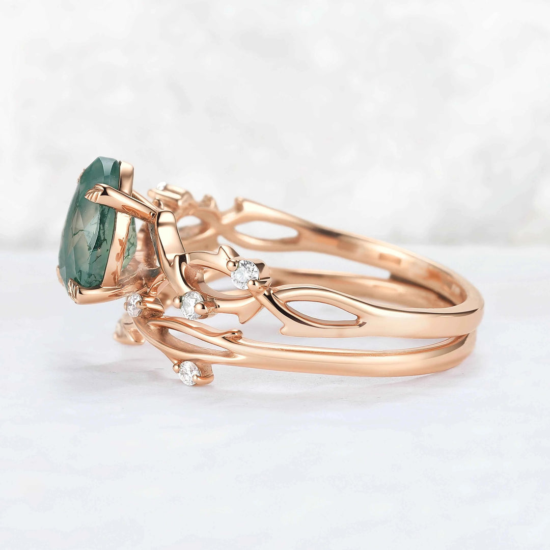 Unique Pear Cut Moss Agate Leaf and Vine Gemstone Ring Set 2pcs