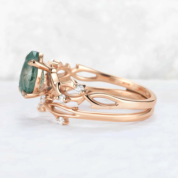 Unique Pear Cut Moss Agate Leaf and Vine Gemstone Ring Set 2pcs