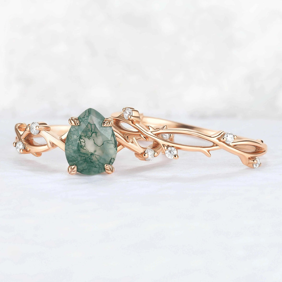 Unique Pear Cut Moss Agate Leaf and Vine Gemstone Ring Set 2pcs