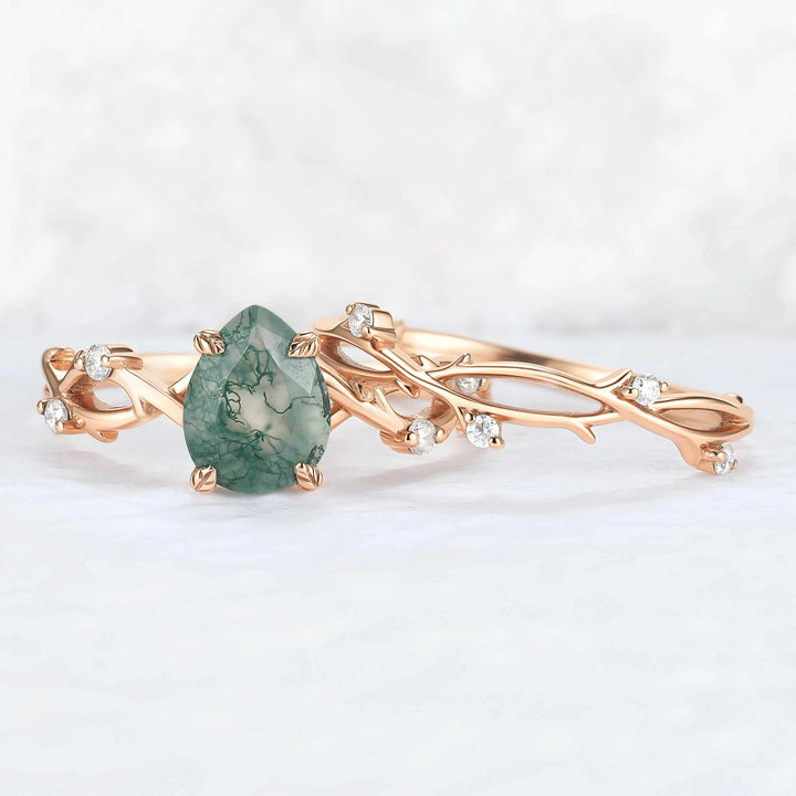 Unique Pear Cut Moss Agate Leaf and Vine Gemstone Ring Set 2pcs