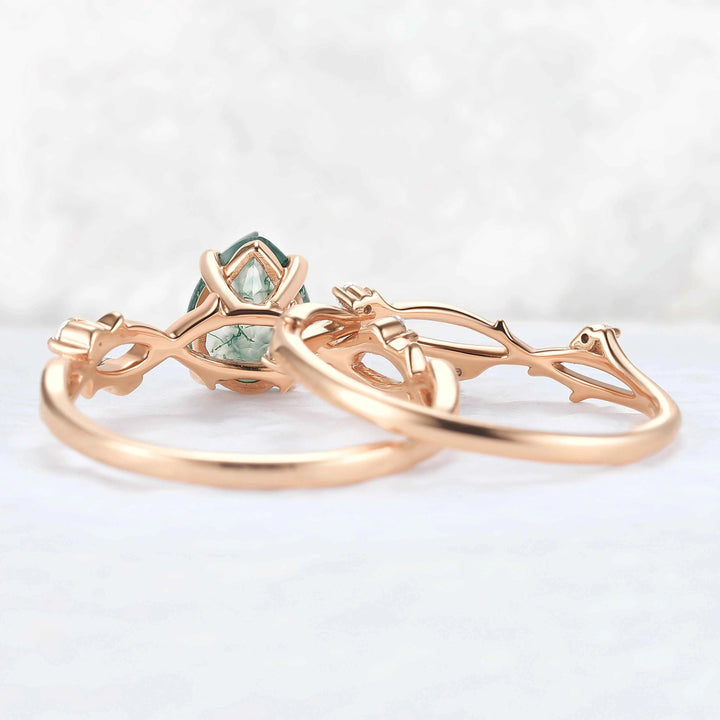 Unique Pear Cut Moss Agate Leaf and Vine Gemstone Ring Set 2pcs