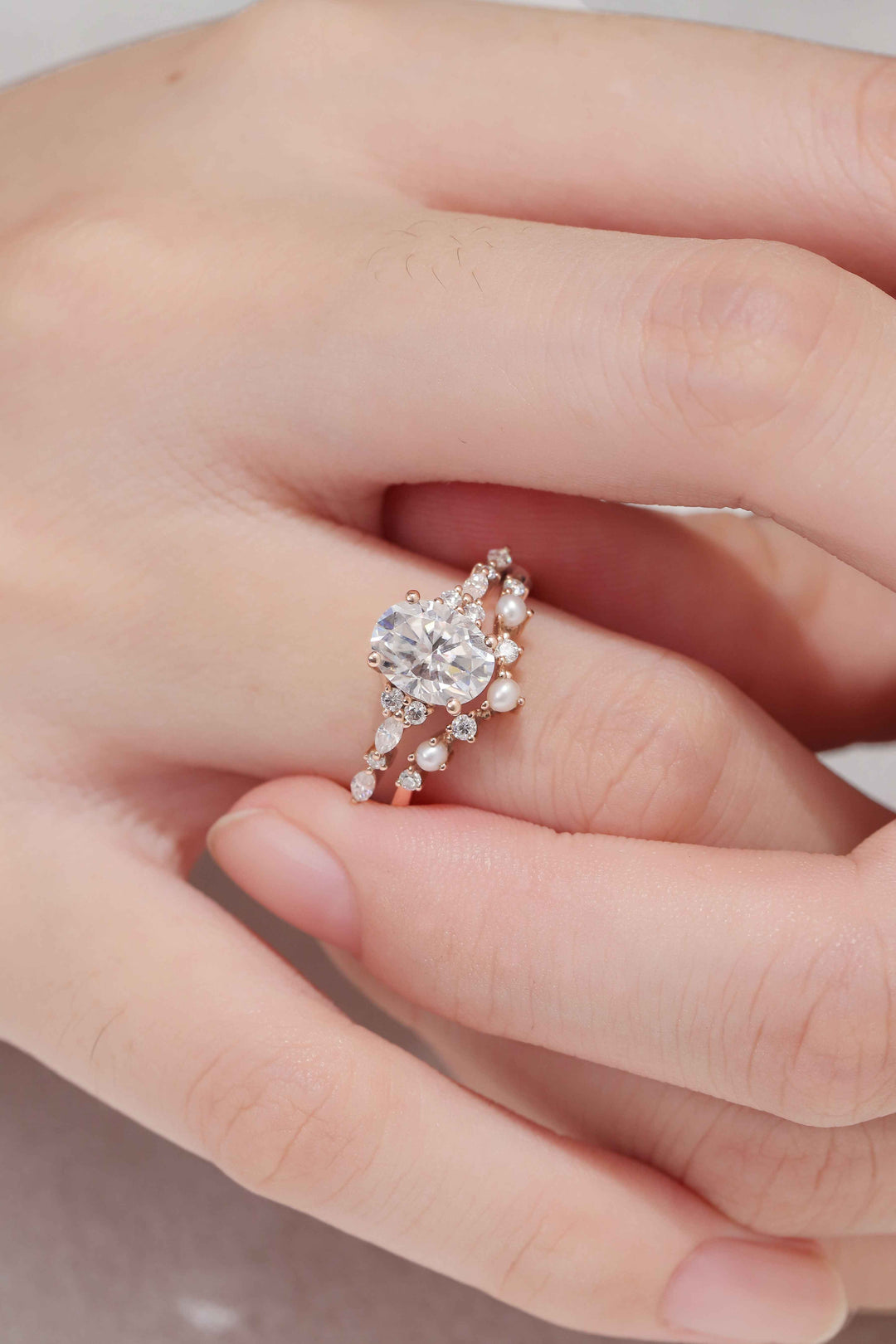 Unique Oval Moissanite Pearl Gemstone Ring Set 2pcs