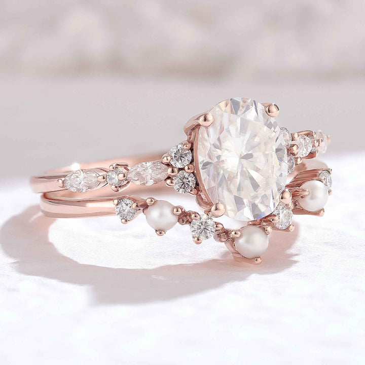 Unique Oval Moissanite Pearl Gemstone Ring Set 2pcs