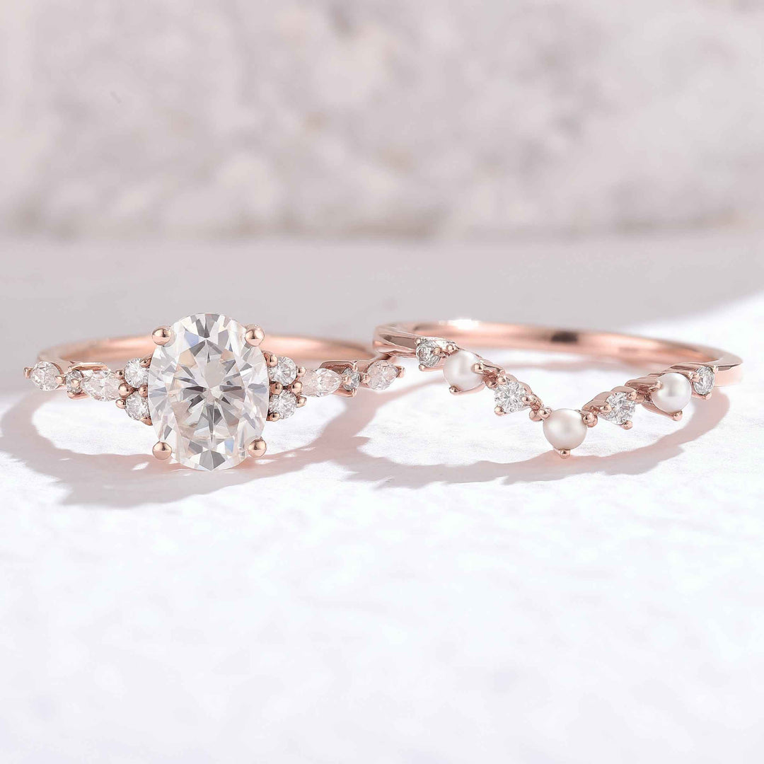 Unique Oval Moissanite Pearl Gemstone Ring Set 2pcs