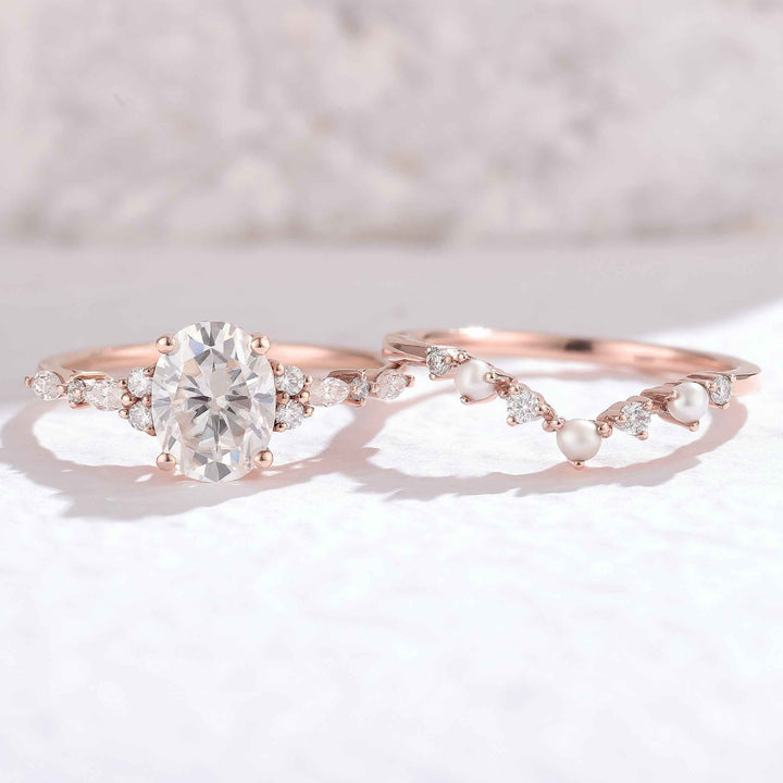 Unique Oval Moissanite Pearl Gemstone Ring Set 2pcs