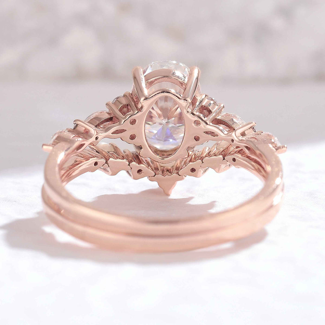Unique Oval Moissanite Pearl Gemstone Ring Set 2pcs