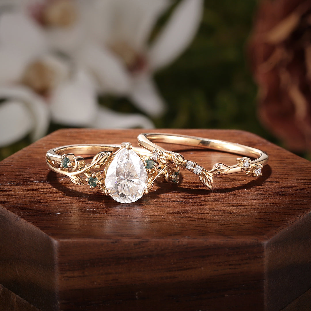 Unique Pear Cut Moissanite Leafy Gemstone Ring 2pcs - Iver Jewelry