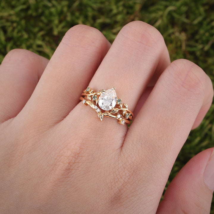 Unique Pear Cut Moissanite Leafy Gemstone Ring 2pcs - Iver Jewelry
