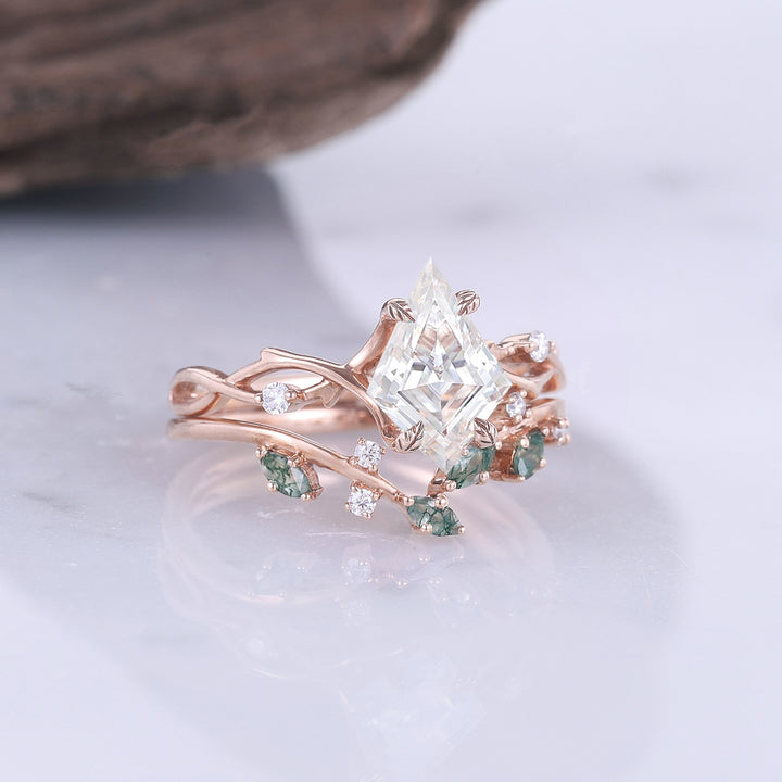 Unique Kite Cut Moissanite Leaf and Vine Engagement Ring Set 2pcs - Iver Jewelry