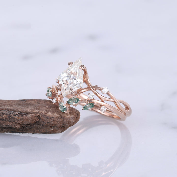 Unique Kite Cut Moissanite Leaf and Vine Engagement Ring Set 2pcs - Iver Jewelry