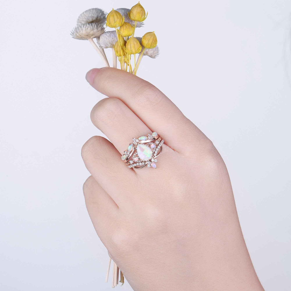 Nature Pear Cut Opal Vine Handmade Gemstone Ring Set 3pcs