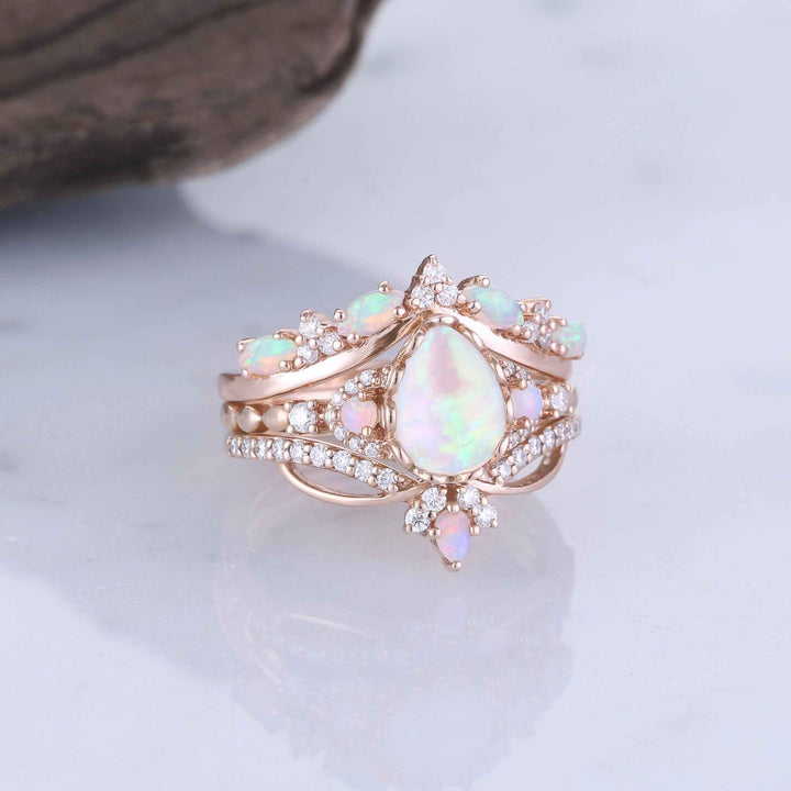 Nature Pear Cut Opal Vine Handmade Gemstone Ring Set 3pcs