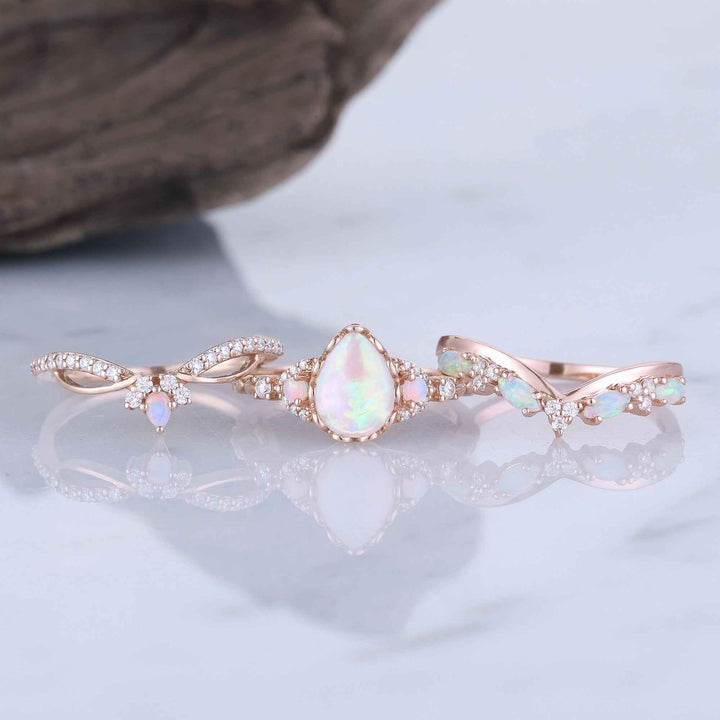 Nature Pear Cut Opal Vine Handmade Gemstone Ring Set 3pcs
