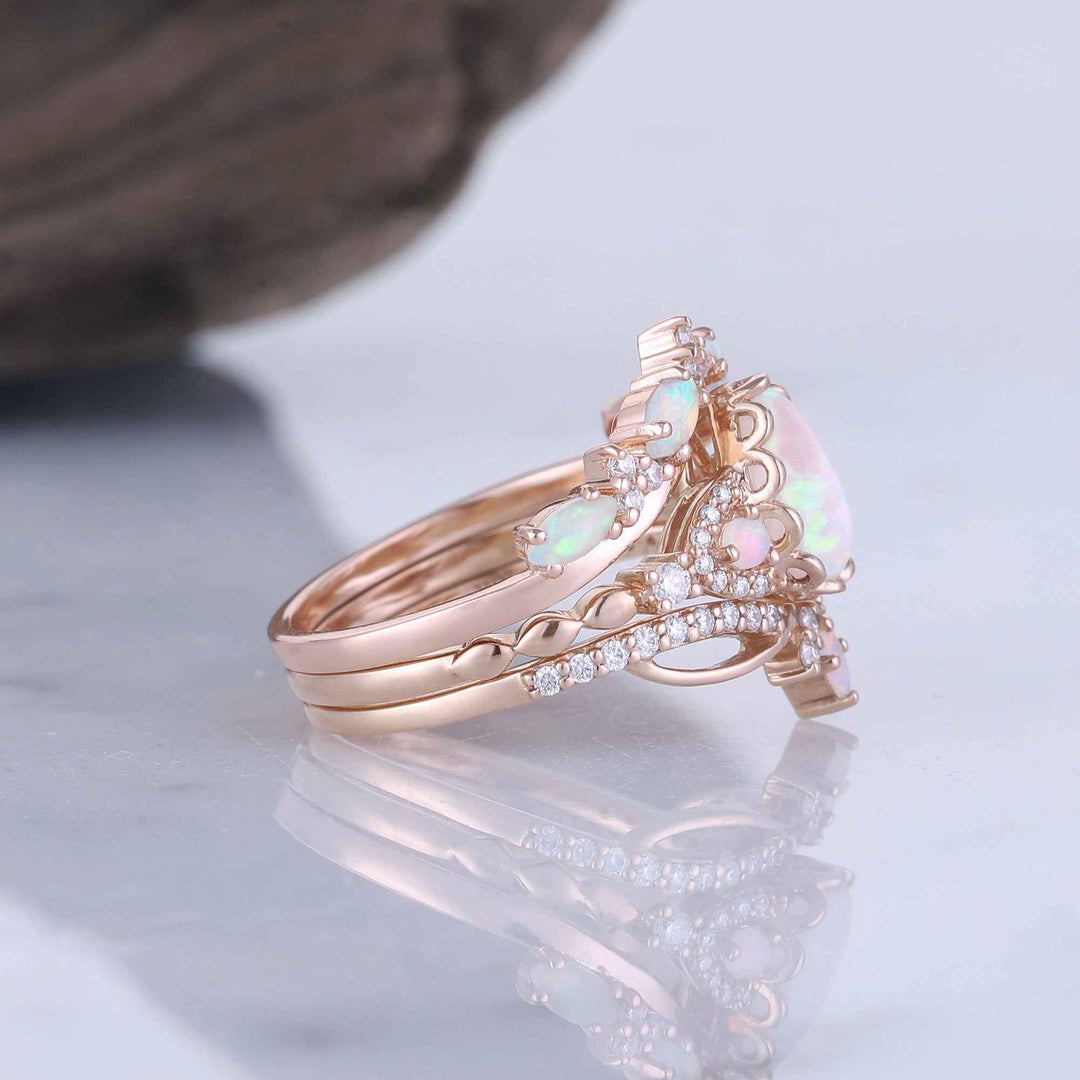 Nature Pear Cut Opal Vine Handmade Gemstone Ring Set 3pcs