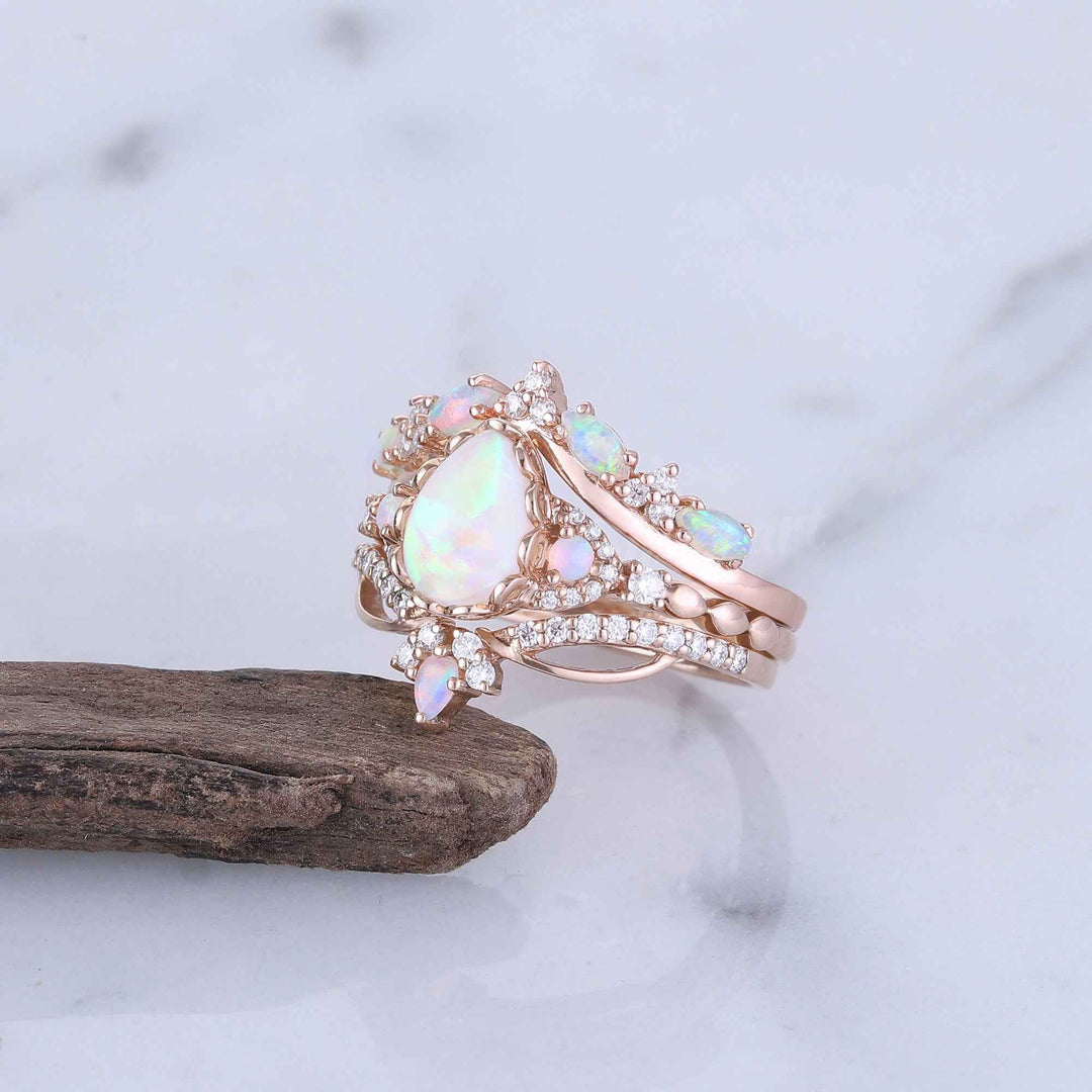Nature Pear Cut Opal Vine Handmade Gemstone Ring Set 3pcs