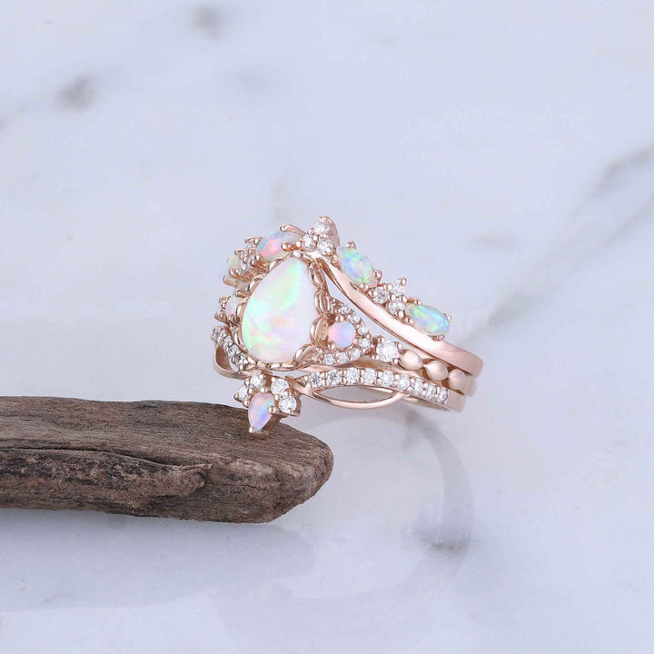 Nature Pear Cut Opal Vine Handmade Gemstone Ring Set 3pcs