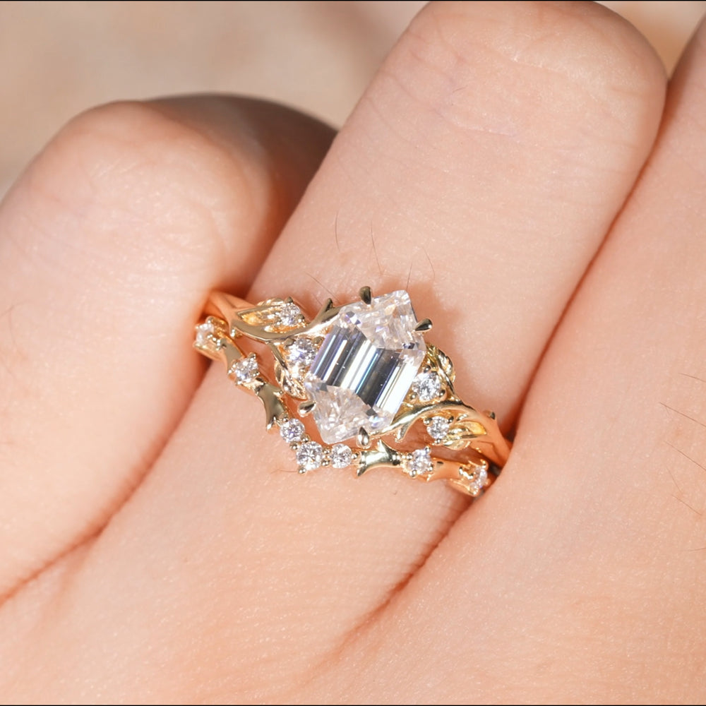 Nature Hexagon Cut Moissanite Vine Gemstone Ring Set 2pcs - Iver Jewelry
