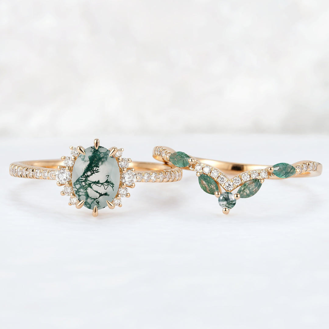 Unique Oval Cut Moss Agate Half Enternity Ring Set 2pcs - Iver Jewelry