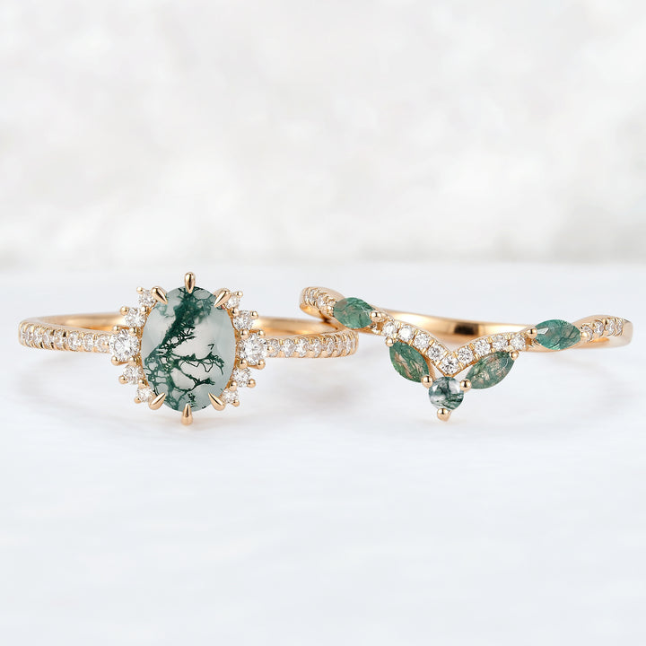 Unique Oval Cut Moss Agate Half Enternity Ring Set 2pcs - Iver Jewelry