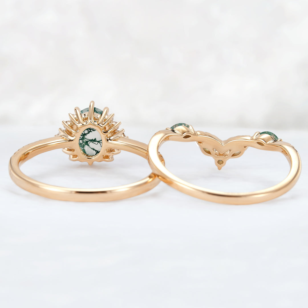 Unique Oval Cut Moss Agate Half Enternity Ring Set 2pcs - Iver Jewelry