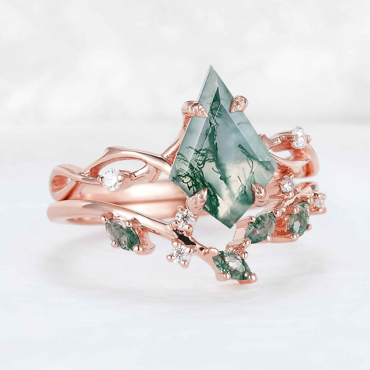 Unique Kite Cut Moss Agate Leaf and Vine Ring Set 2pcs