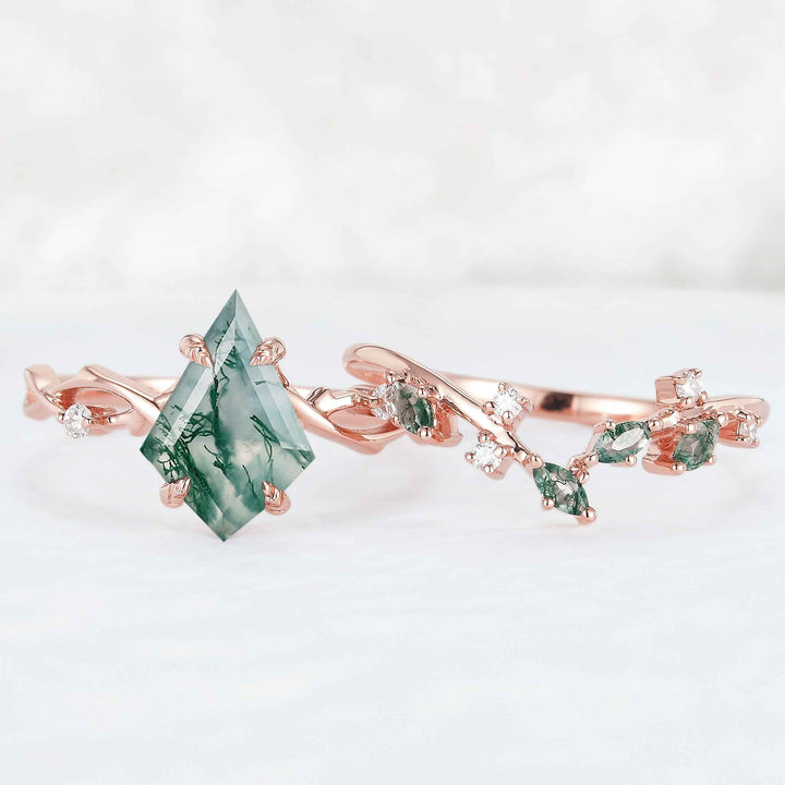 Unique Kite Cut Moss Agate Leaf and Vine Ring Set 2pcs