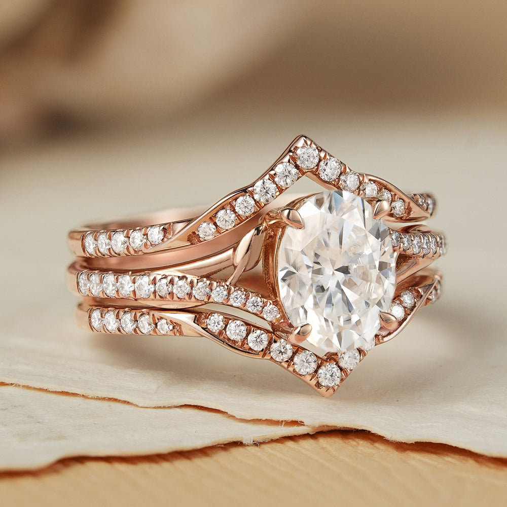 Unique Oval Cut Moissanite Enhancer Leaf Engagement Ring Set 2pcs - Iver Jewelry