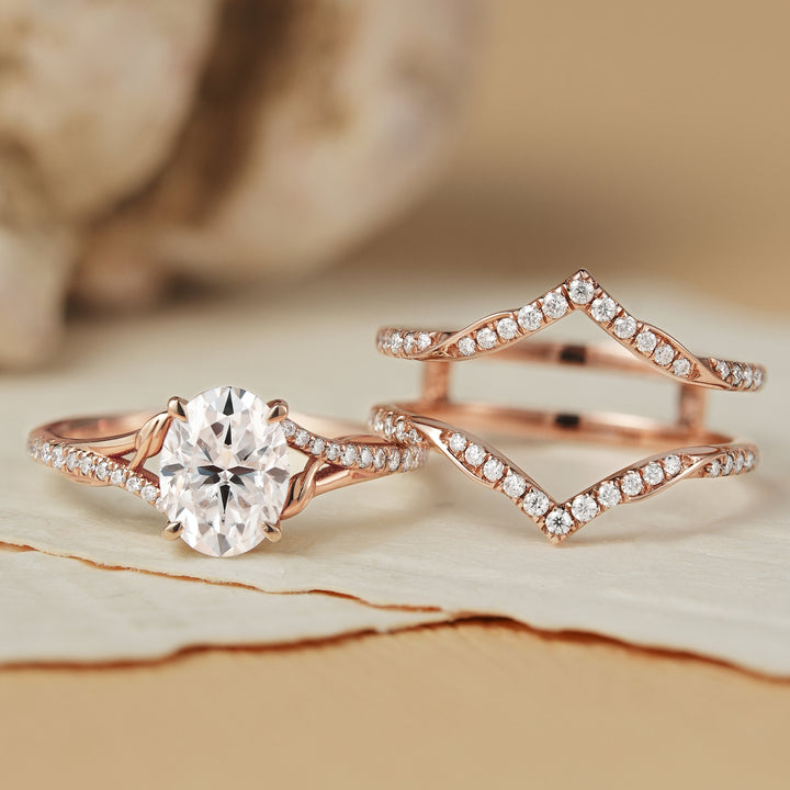 Unique Oval Cut Moissanite Enhancer Leaf Engagement Ring Set 2pcs - Iver Jewelry