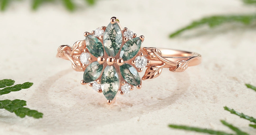 Discover the Natural Beauty of Moss Agate Engagement Ring Sets
