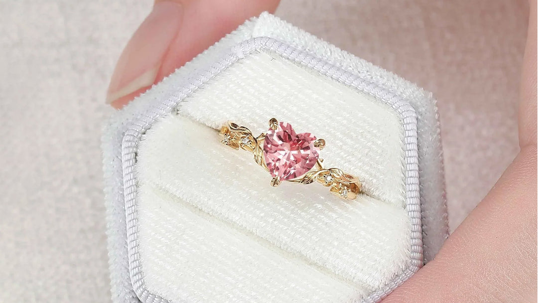 Fire Cut Heart Shaped Pink Sapphire Leafy Gemstone Ring