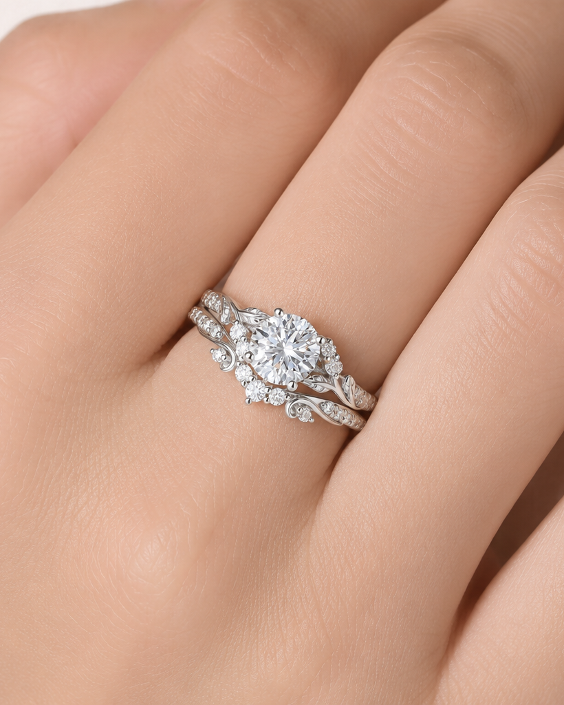 0.85 ct Round Brilliant Cut Lab Diamond Leafy Engagement Ring Set 2pcs