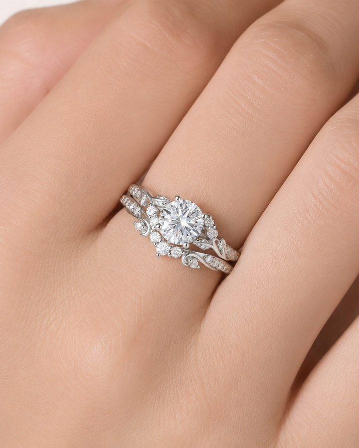 0.85 ct Round Brilliant Cut Lab Diamond Leafy Engagement Ring Set 2pcs
